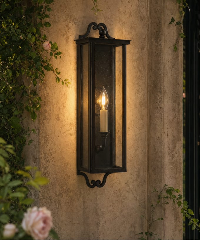 Tall outdoor wall lantern glowing in a garden